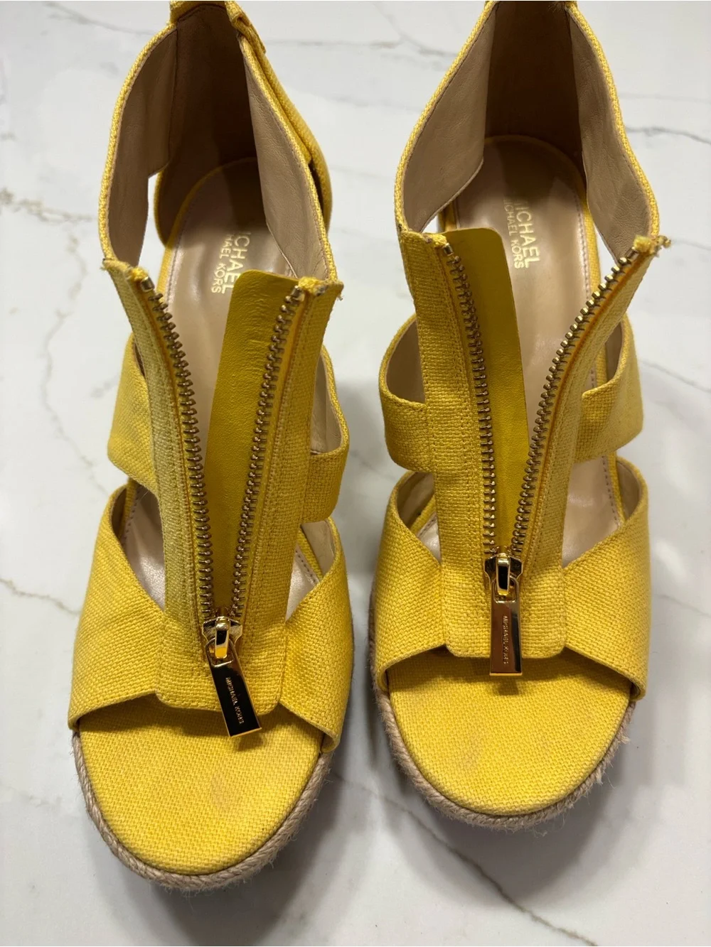 MICHAEL Michael Kors Yellow Espadrille Wedge Sandals with Front Zip Detail